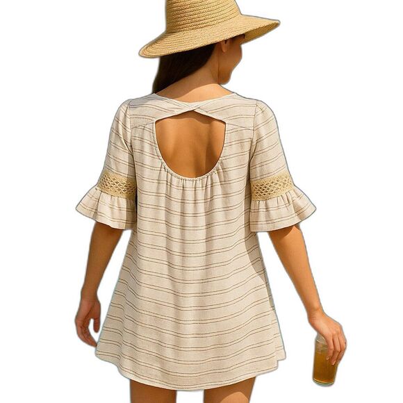 NEW POL Small Mini Cotton Dress or Cover-Up Open Embroidery Cream Tan Stripe - Picture 2 of 16